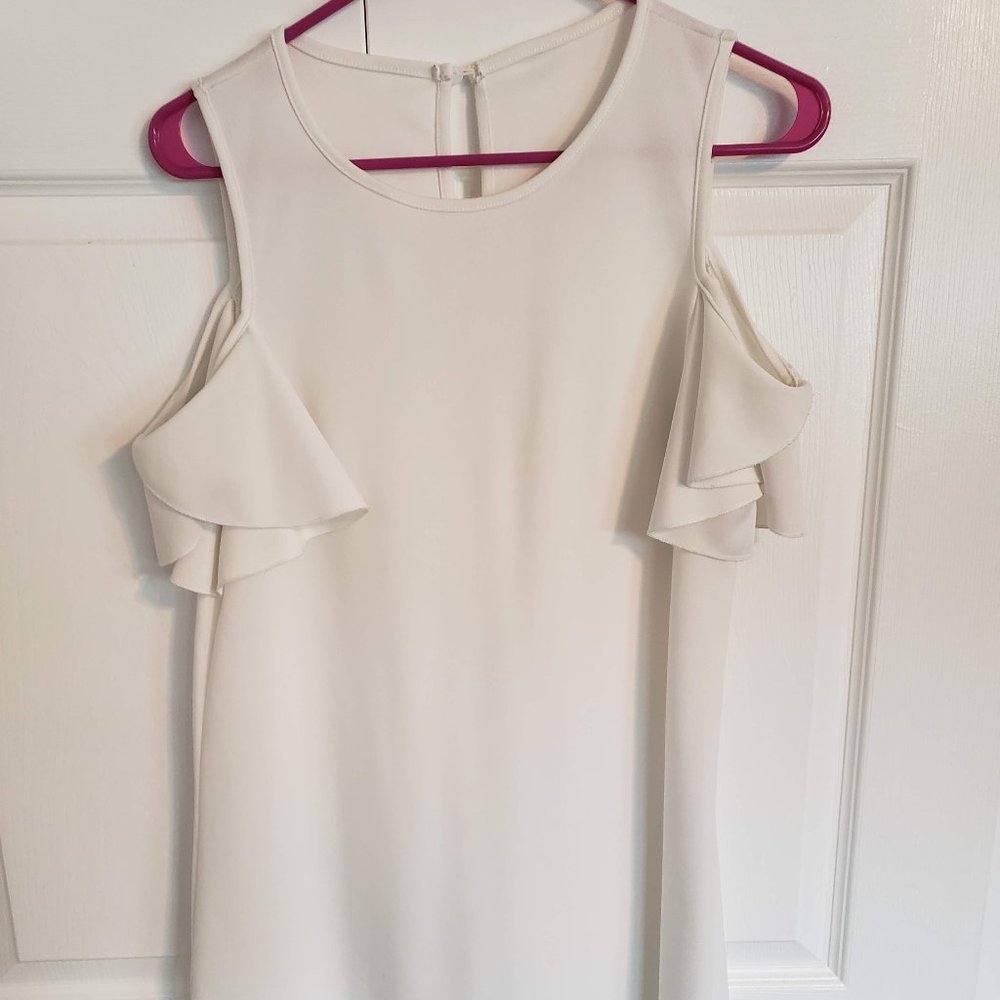 White Cold Shoulder Ruffle Sleeve Shift Dress